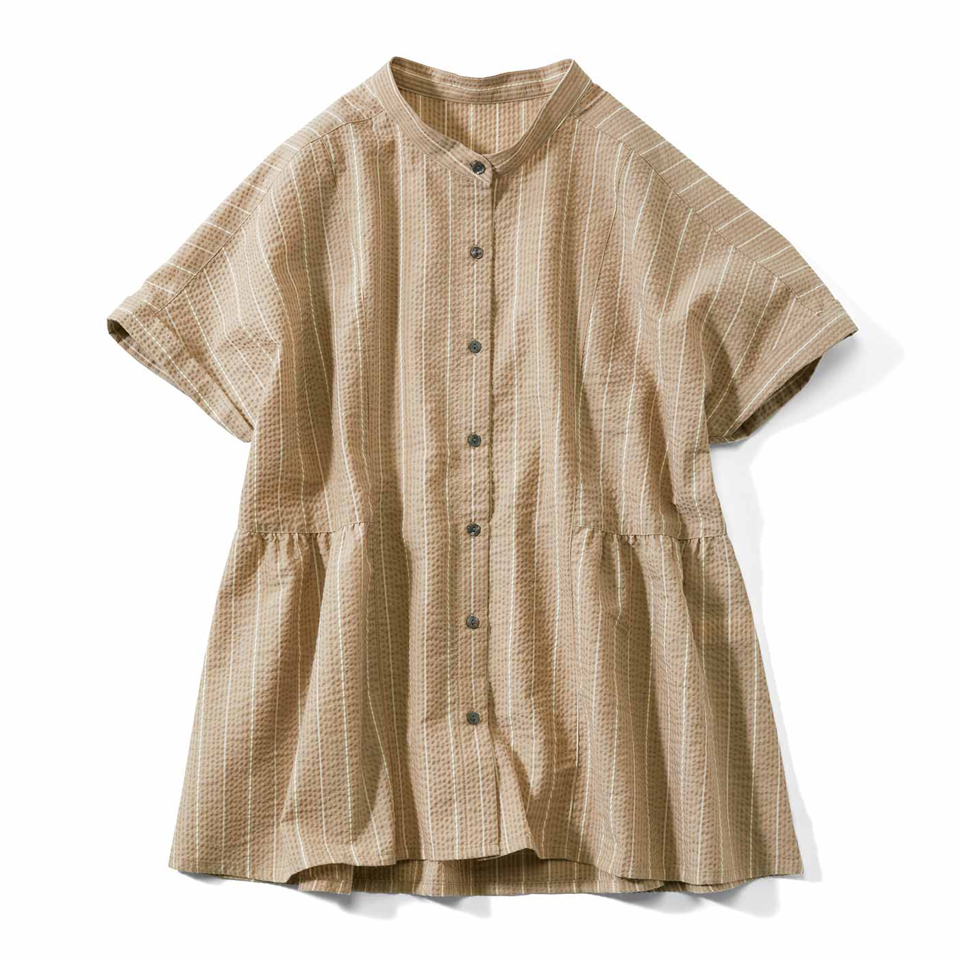 Live in  comfort|サッカー素材の 華やかなストライプ ブラウス〈ベージュ〉