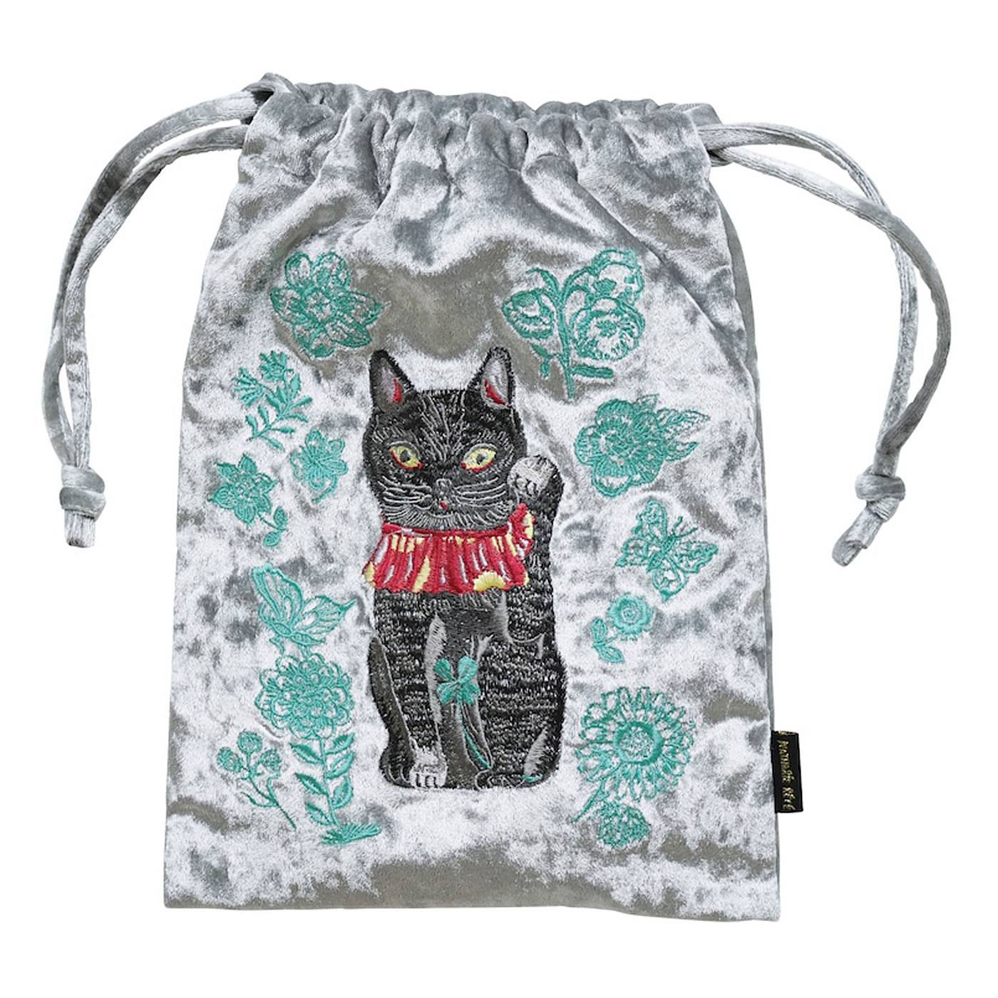 フェリシモの雑貨 Kraso|〈Nathalie Lete〉Velour Drawstring pouch Lucky cat-BK